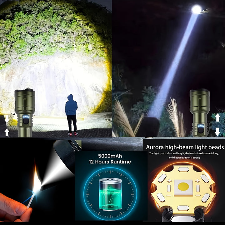 Outdoor Portable Flashlight with Ignition Function - Rechargeable Battery Power Bank Function, Long Battery Life - Aluminum Alloy Material, Suitable for Emergencies, Camping, Hiking | Bright And Durable Outdoor Life-saving Fl