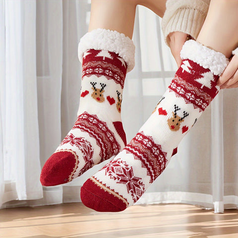 Cozy Fleece-Lined Christmas Socks for Women - Soft, Warm Mid-Calf Floor Socks with Cute Cartoon Design, Cute Socks, Christmas, Floor Socks