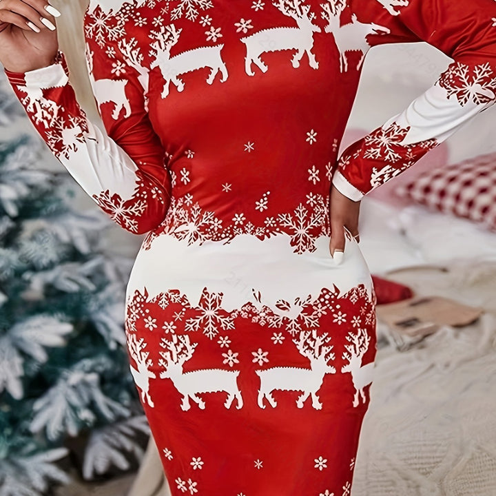 [Popular Choice] Elegant Christmas 3D Print Dress for Women - Long Sleeve, Casual & Sexy, Polyester, Machine Washable, Digital Printing, 024
