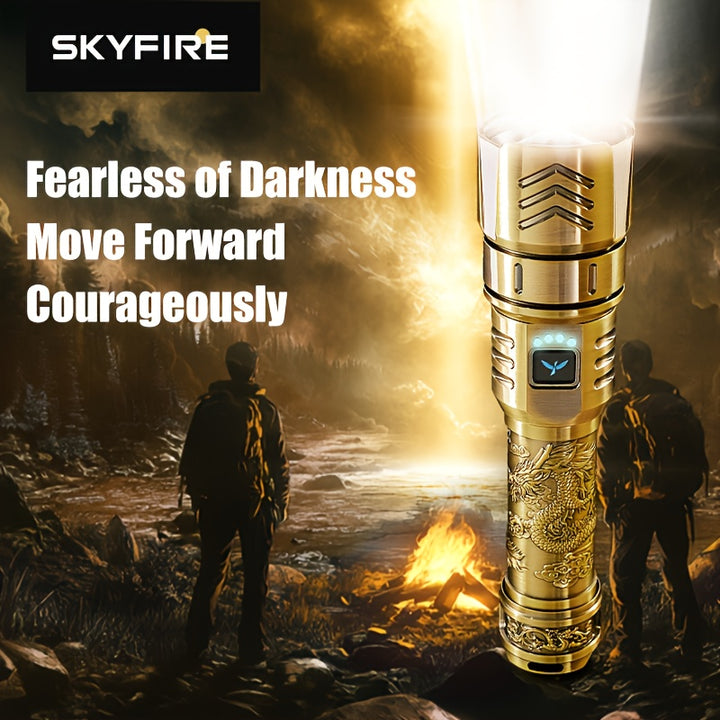 SKYFIRE LED High-brightness Golden Dragon Pattern Flashlight, 4000mAh Rechargeable Flashlight with Ignition Lens, Zoom Function, Four Modes, Suitable for Camping, Outdoor And Household Use, Mini Flashlight Rechargeable, Super