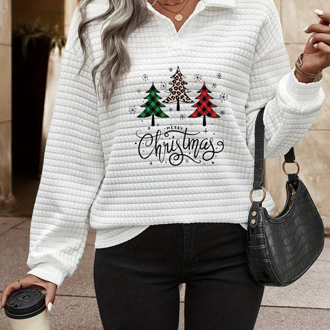 Christmas Tree Print Waffle Pattern Loose-Fitting, Long Version Casual Top [Please Buy One Size Smaller Than Normal Size]