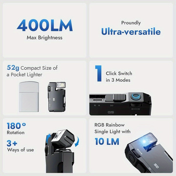 G5 Rechargeable EDC Flashlight, 400 Lumens Dual-Source RGB Mini Flashlight, Portable Pocket Flashlight for Outdoor and Home Use with Magnetic Keychain - Black, Emergency Light, Sleek Design, Textured Grip, Camping Gear, Compa