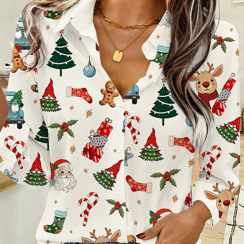 Women'S Casual Christmas Print Long Sleeve Lapel Collar Button-Down Polyester Tunic Blouse with Mermaid Hem - Spring/Fall Woven Shirt with Portrait Pattern and Shirt Sleeves