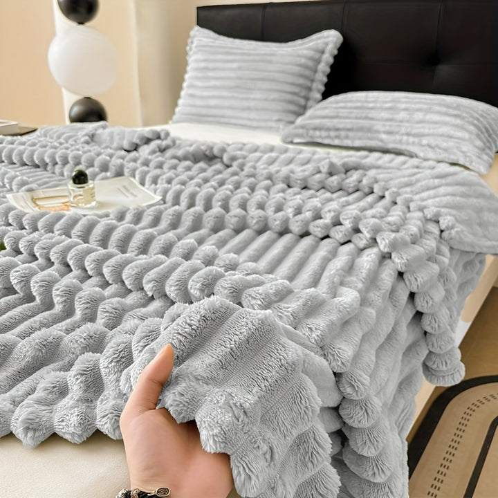 Cozy Ribbed Knit Throw Blanket with Pillowcase - Soft, Warm & Thick for Bedroom Comfort - Grey Stripe Design