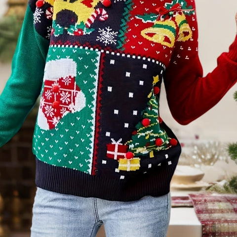 Christmas Allover Pattern Crew Neck Sweater, Casual Long Sleeve Sweater For Fall & Winter, Women's Clothing
