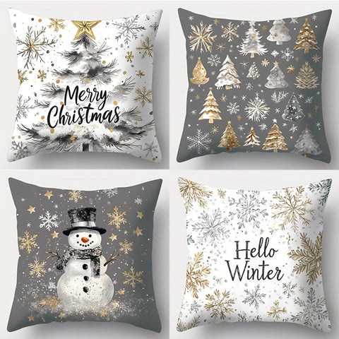 Contemporary 4-Pack Christmas Throw Pillow Covers 44.96cm - Polyester, Zippered, Machine Washable, Festive Golden & Gray Print for Living Room Decor - Snowman, Trees, Winter Designs, Woven Pillowcases (No Pillow Core)