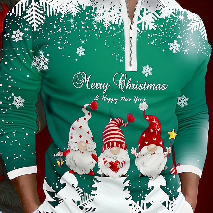 [Customer Favorite] Men's Festive Christmas Santa Print Shirt - Casual Pullover with Zip Detail, Polyester Blend, Machine Washable - Perfect for Spring/Fall