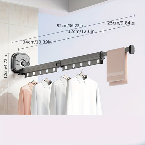 1pc Extendable Metal Clothes Drying Rack with Suction Cup Mount - Foldable & Detachable, Strong Vacuum Grip, No-Drill Wall Mounted Laundry Hanger with Utility Hooks for Balcony, RV & Outdoor Use, Drying Racks