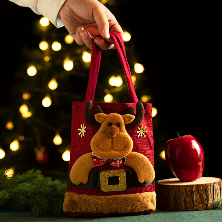 Christmas Cheer Canvas Tote Bag - Reusable Gift & Candy Storage with Festive Designs: Elk, Santa Claus, Snowman, Bear, Christmas Gift Bags