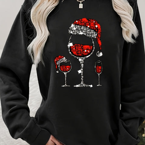 Women's Festive Christmas Sweatshirt - Casual Fashion with Santa Hat & Red Wine Print, Crew Neck, Polyester Blend, Machine Washable, Best for Christmas