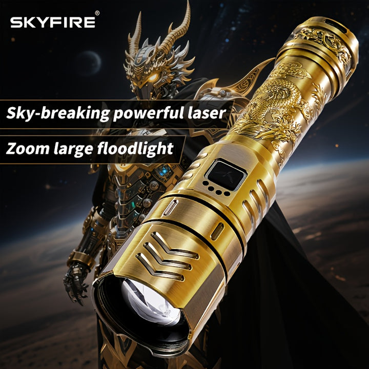 SKYFIRE LED High-brightness Golden Dragon Pattern Flashlight, 4000mAh Rechargeable Flashlight with Ignition Lens, Zoom Function, Four Modes, Suitable for Camping, Outdoor And Household Use, Mini Flashlight Rechargeable, Super