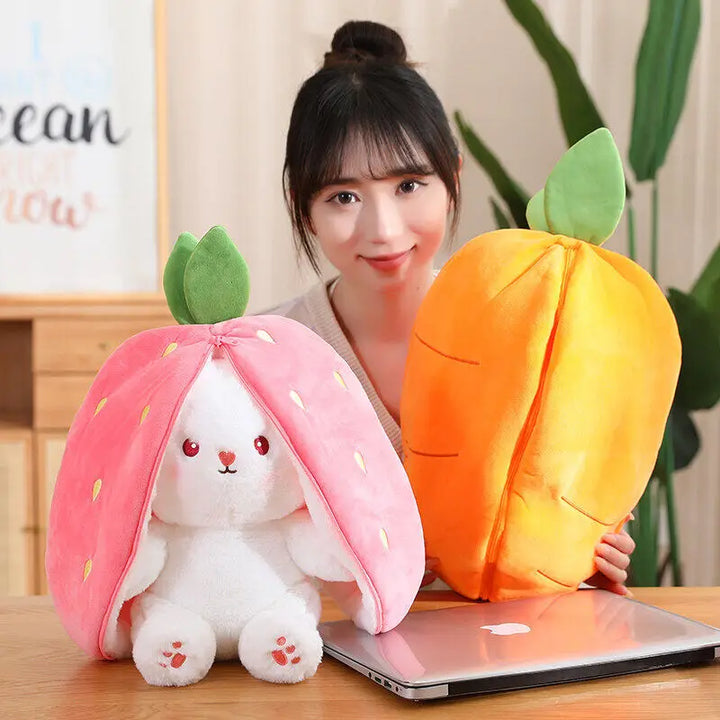 Bunny Stuffed Animal Plush Reversible Strawberry Bunny Plush Doll With Zipper Cute Room Decoration Toy For Kids Gift 20cm