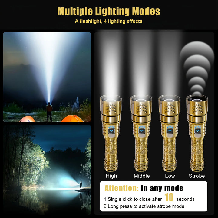 LED High-brightness Golden Dragon Pattern Flashlight 4000mAh Rechargeable Flashlight with Ignition Lens Zoom Function Four Modes