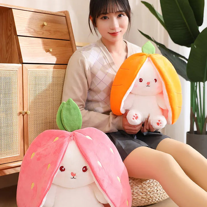 Bunny Stuffed Animal Plush Reversible Strawberry Bunny Plush Doll With Zipper Cute Room Decoration Toy For Kids Gift 20cm