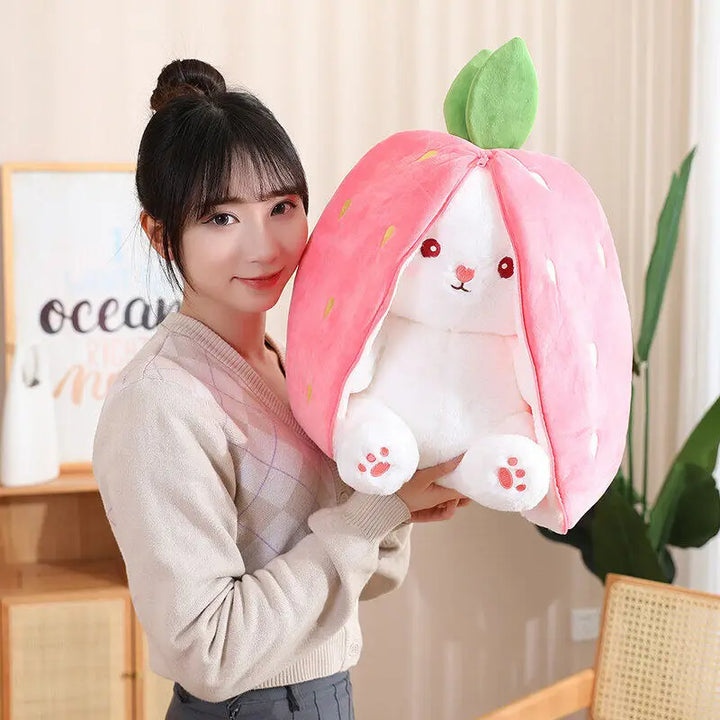 Bunny Stuffed Animal Plush Reversible Strawberry Bunny Plush Doll With Zipper Cute Room Decoration Toy For Kids Gift 20cm