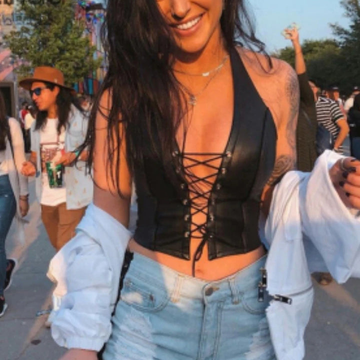Sisterlinda Sexy Punk Y2K Black PU Leather Crop Top Womens Sleeveless Deep V Neck Backless Camisole Fashion Party Club Vests2021