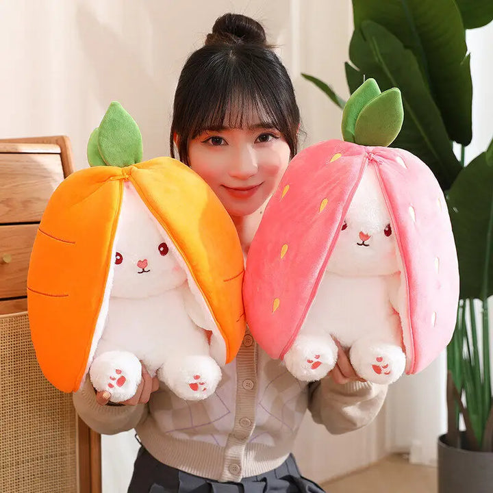 Bunny Stuffed Animal Plush Reversible Strawberry Bunny Plush Doll With Zipper Cute Room Decoration Toy For Kids Gift 20cm