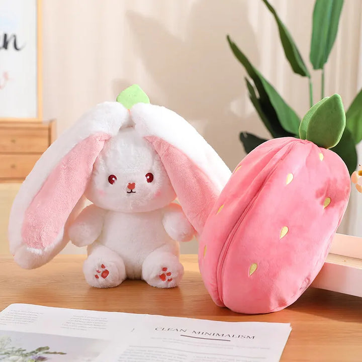 Bunny Stuffed Animal Plush Reversible Strawberry Bunny Plush Doll With Zipper Cute Room Decoration Toy For Kids Gift 20cm