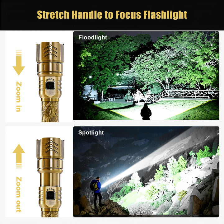 LED High-brightness Golden Dragon Pattern Flashlight 4000mAh Rechargeable Flashlight with Ignition Lens Zoom Function Four Modes