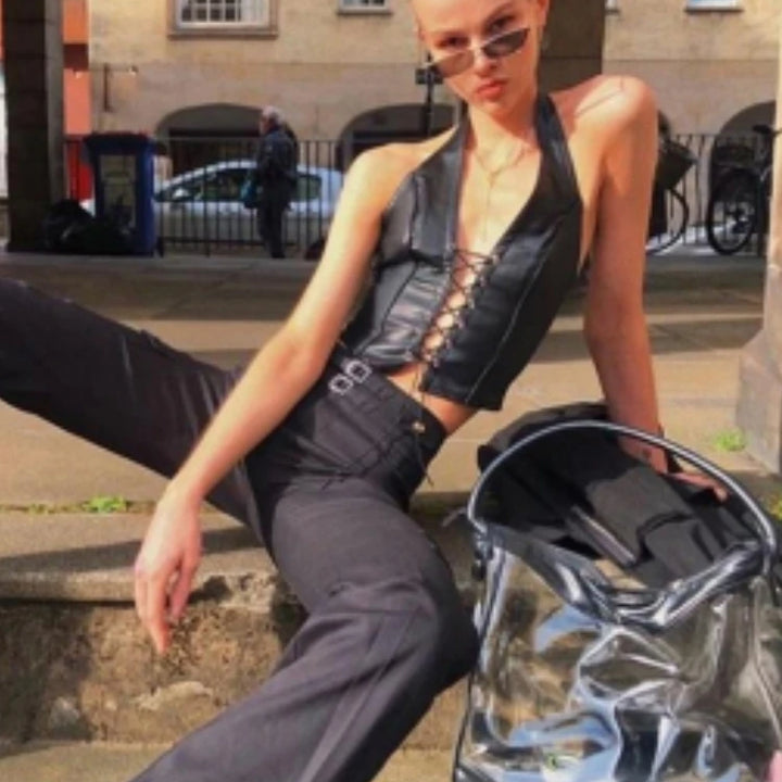 Sisterlinda Sexy Punk Y2K Black PU Leather Crop Top Womens Sleeveless Deep V Neck Backless Camisole Fashion Party Club Vests2021