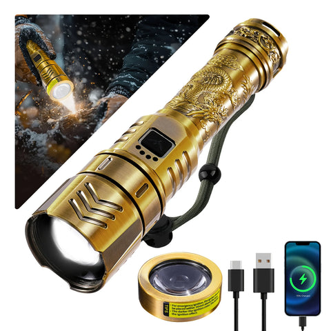 LED High-brightness Golden Dragon Pattern Flashlight 4000mAh Rechargeable Flashlight with Ignition Lens Zoom Function Four Modes