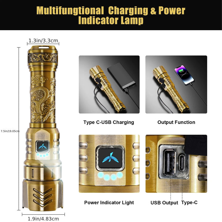 LED High-brightness Golden Dragon Pattern Flashlight 4000mAh Rechargeable Flashlight with Ignition Lens Zoom Function Four Modes