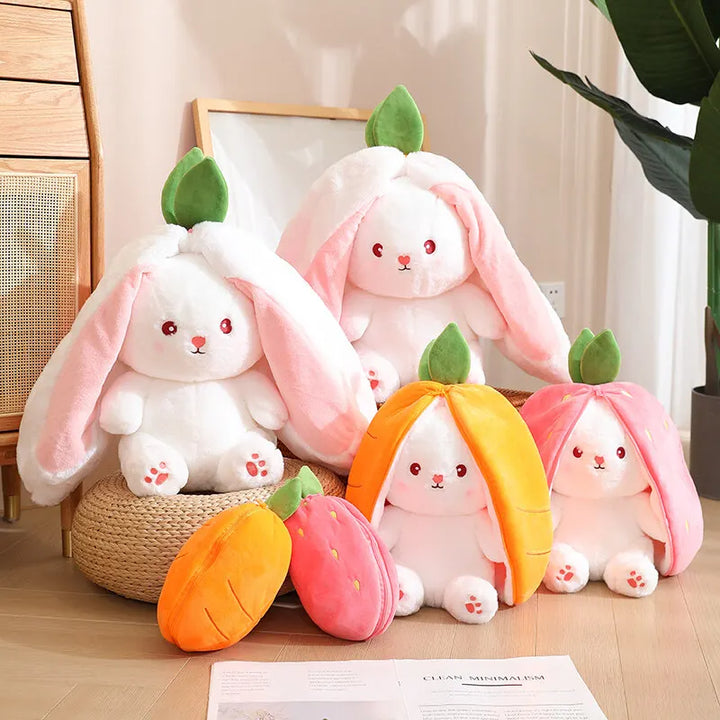 Bunny Stuffed Animal Plush Reversible Strawberry Bunny Plush Doll With Zipper Cute Room Decoration Toy For Kids Gift 20cm