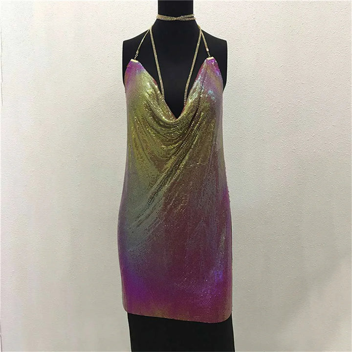 Sexy see through Chain Sequin summer dress women backless mini birthday party dress night club outfits evening dresses vestidos