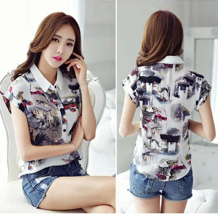 Women Spring Summer Style Chiffon Blouses Shirt Lady Casual Short Sleeve Turn-down Collar Printed Casual Loose Tops DF3548