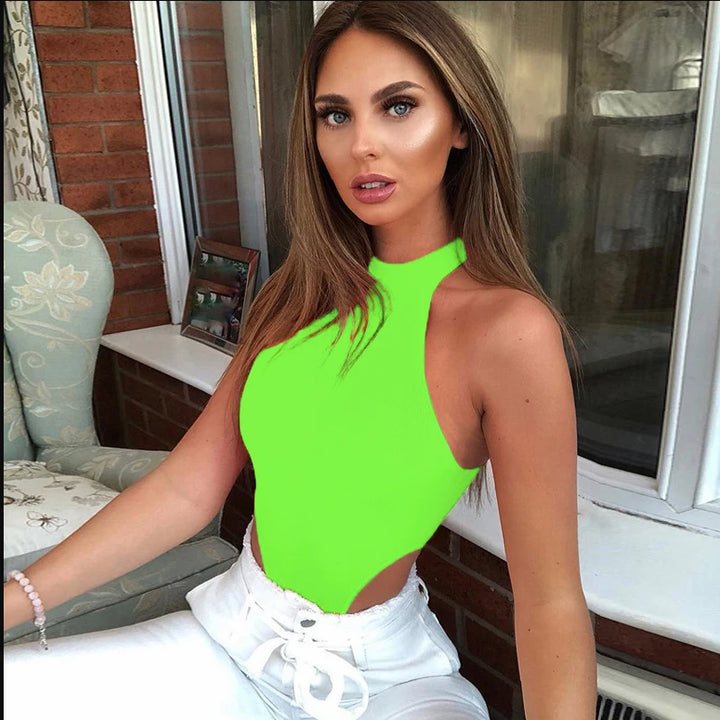 Women Ladies Sexy Sleeveless Solid Color High Cut Slim Skinny Bodycon Club Beach Fashion Halter Bodysuits Leotard