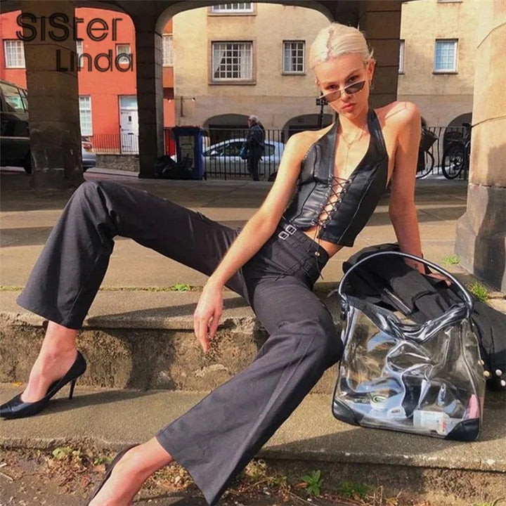 Sisterlinda Sexy Punk Y2K Black PU Leather Crop Top Womens Sleeveless Deep V Neck Backless Camisole Fashion Party Club Vests2021