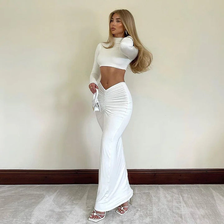 Cryptographic Elegant White Long Sleeve 2 Piece Set Outfits for Women Club Party Top and Dress Sets Long Ruched Matching Sets