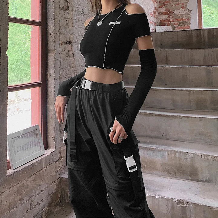 Patchwork Black T-shirts Gothic Y2k Crop Tops Ruffles Hem Hip Hop Techwear Women Tees