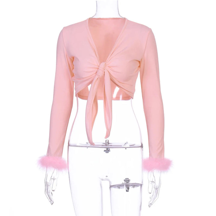 long sleeve fur V-neck wrapped bandage sexy crop tops autumn winter women streetwear club party outfits T-shirts