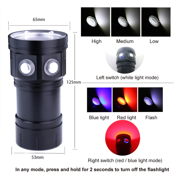 Super bright Diving Flashlight Portable IPX8 Underwater Waterproof Torch Lamp Highlight 20000Lumens Tactical Camera Fill Light