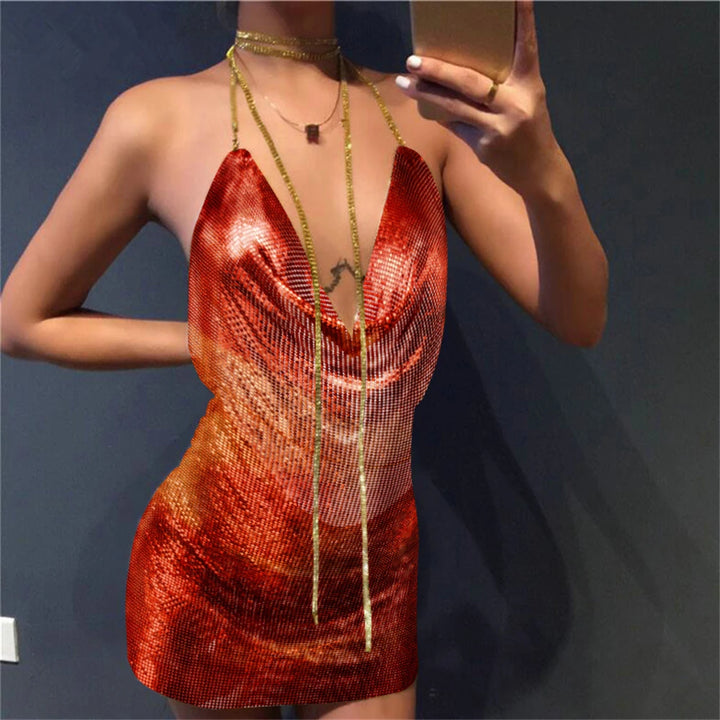 Sexy see through Chain Sequin summer dress women backless mini birthday party dress night club outfits evening dresses vestidos