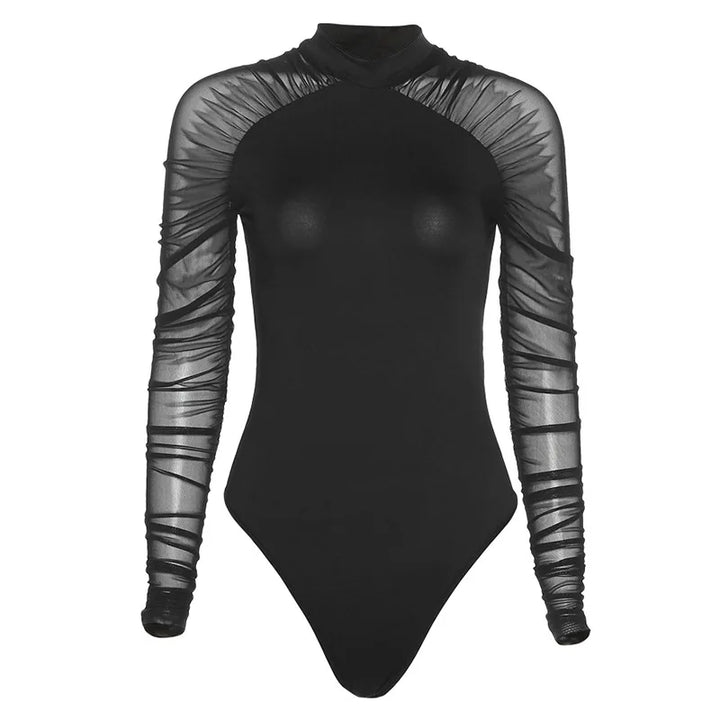 Shestyle Mesh Full Sleeve Mock Neck Body for Women Black Patchwork Stretchy Elegant Romantic Breathable Bodysuits Basic Tops
