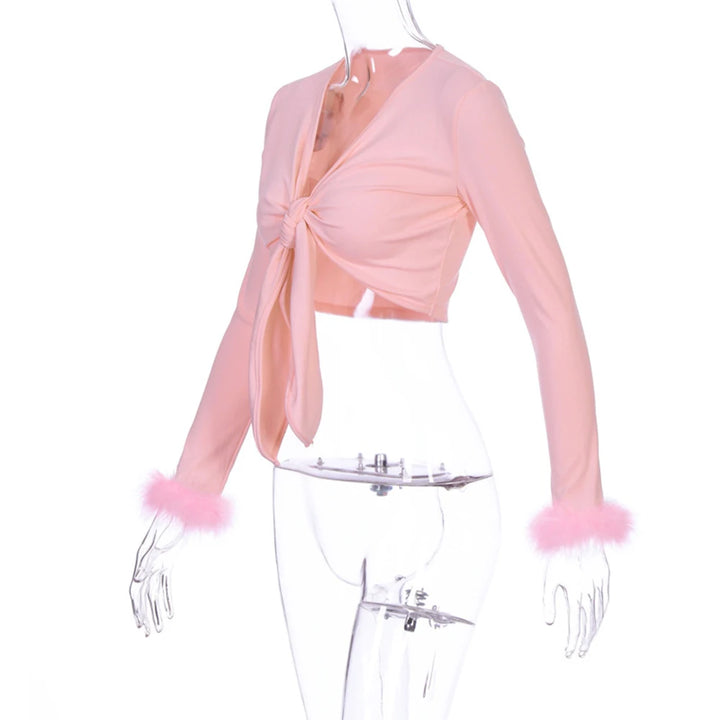 long sleeve fur V-neck wrapped bandage sexy crop tops autumn winter women streetwear club party outfits T-shirts