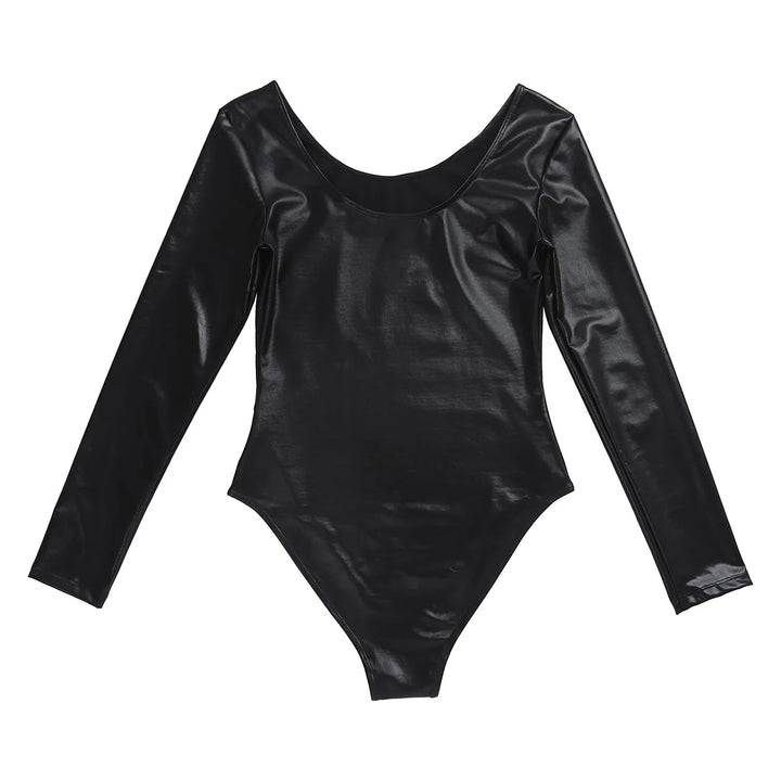 Women's Bodysuit for Adult Shiny Patent Leather Gymnastics Leotard Jumpsuit Long Sleeves Bodyuit Dancewear Rave Party Clubwear