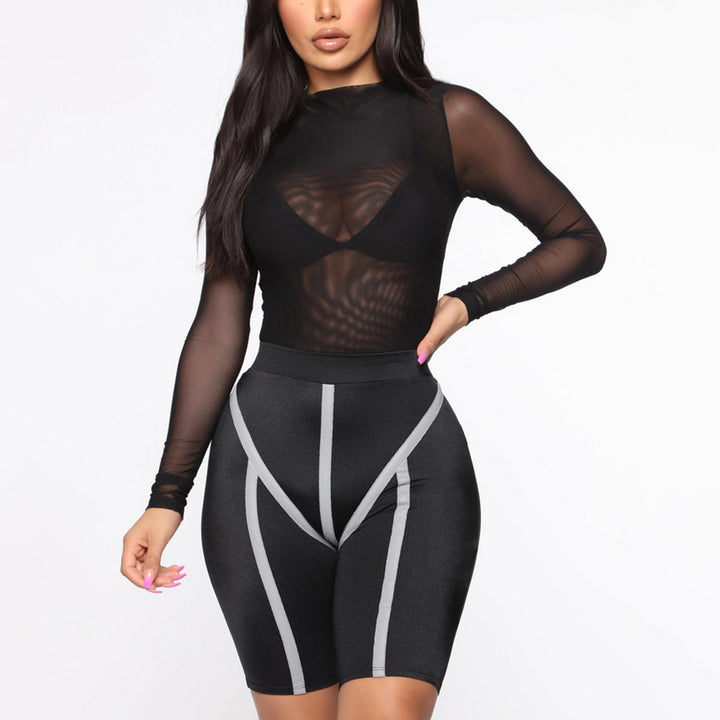Womens Girls Fashion See-through Long Sleeve Bodysuit Lingerie Nightwear Crew Neck High Cut Leotard for Dating Nightclub Teddies