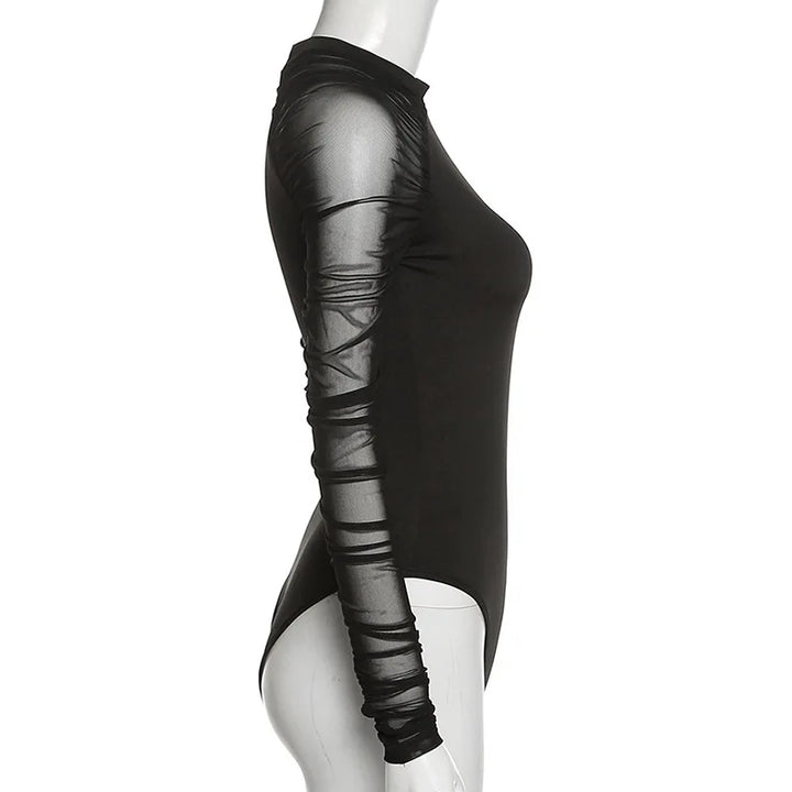 Shestyle Mesh Full Sleeve Mock Neck Body for Women Black Patchwork Stretchy Elegant Romantic Breathable Bodysuits Basic Tops