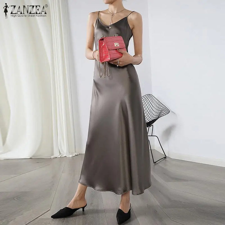 ZANZEA 2023 Stylish Party Dress Womens Summer Sundress Spaghetti Strap Split Maxi Vestidos Female V Neck Robe Oversize Dresses