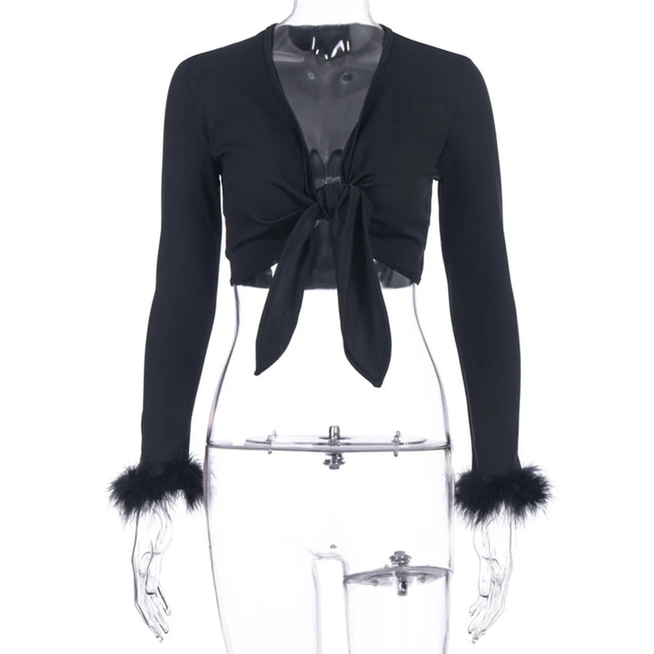 long sleeve fur V-neck wrapped bandage sexy crop tops autumn winter women streetwear club party outfits T-shirts