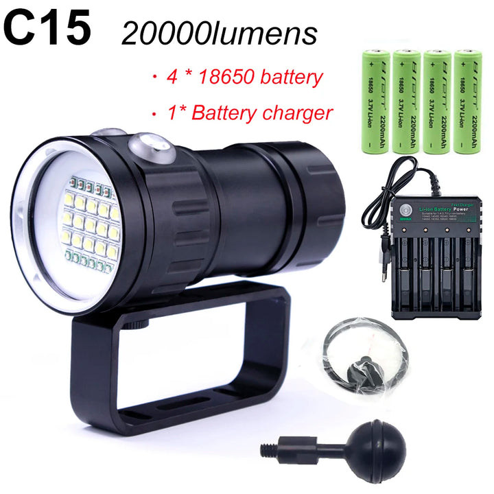 Super bright Diving Flashlight Portable IPX8 Underwater Waterproof Torch Lamp Highlight 20000Lumens Tactical Camera Fill Light