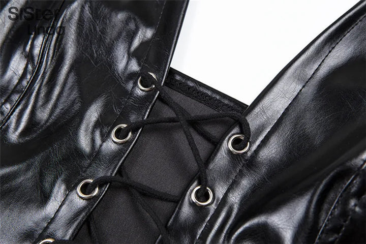 Sisterlinda Sexy Punk Y2K Black PU Leather Crop Top Womens Sleeveless Deep V Neck Backless Camisole Fashion Party Club Vests2021