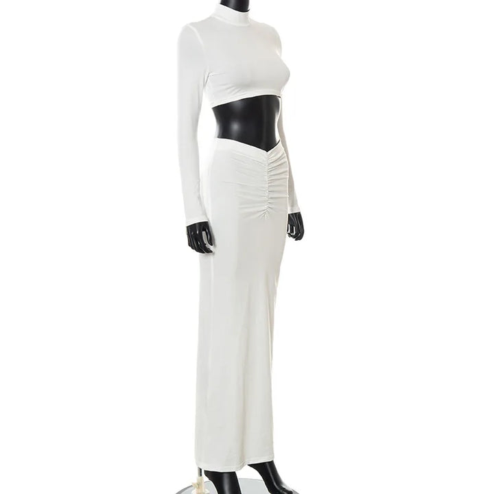 Cryptographic Elegant White Long Sleeve 2 Piece Set Outfits for Women Club Party Top and Dress Sets Long Ruched Matching Sets