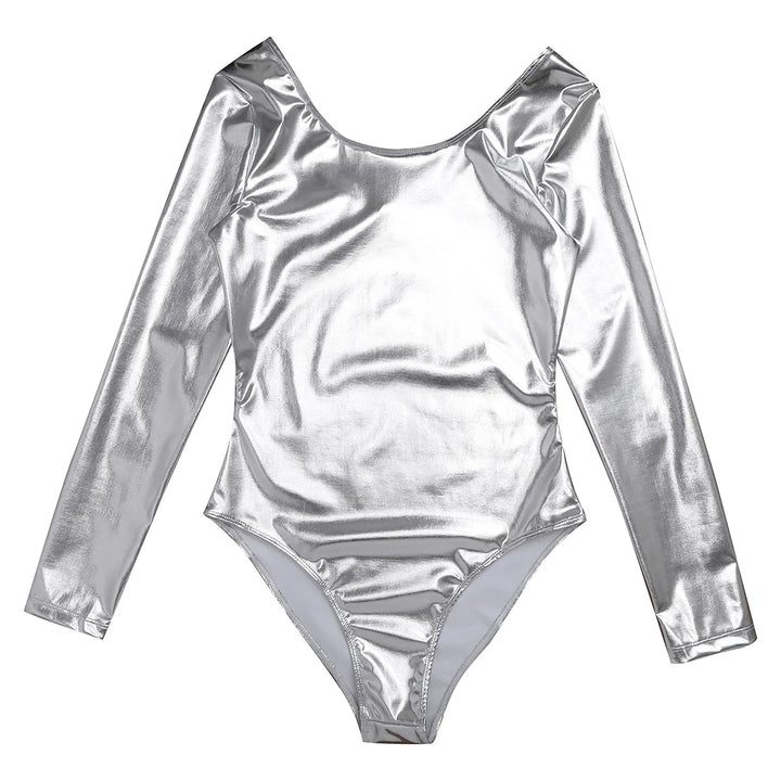 Women's Bodysuit for Adult Shiny Patent Leather Gymnastics Leotard Jumpsuit Long Sleeves Bodyuit Dancewear Rave Party Clubwear