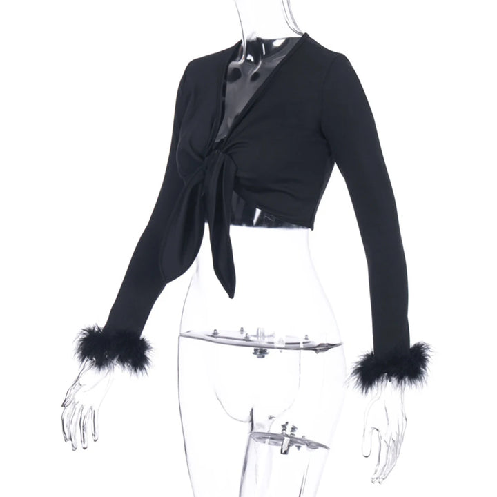 long sleeve fur V-neck wrapped bandage sexy crop tops autumn winter women streetwear club party outfits T-shirts
