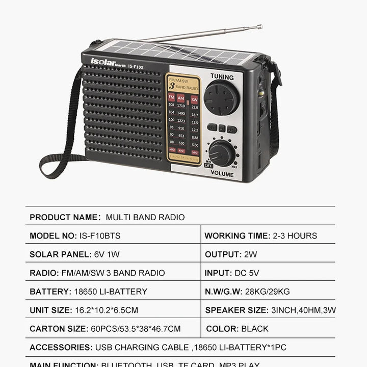 Wireless Bluetooth Speaker LED Flashlight FM AM SW Radio Solar Charging Emergency Radio Full Band High Sensitivity