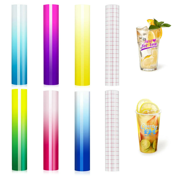 HTVRONT 6pcs 12x10'' Cold Sensitive Color Changing Vinyl Adhesive Permanent Vinyl Sheets+ 2pcs Transfer Paper Tape for Cup Decal